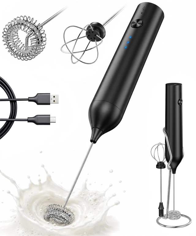 Main image of Rechargeable Milk Frother Handheld, hand mixer, Coffee Frother Handheld | Electric Frother Whisk with 3 Speeds, Portable Hand Drink Mixer with 2 Heads for Coffee, Lattes, Cappuccino, Eggs (Black)