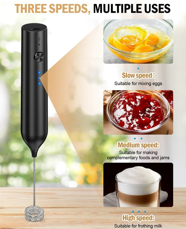 Alt view image 4 of 7 - Rechargeable Milk Frother Handheld, hand mixer, Coffee Frother Handheld | Electric Frother Whisk with 3 Speeds, Portable Hand Drink Mixer with 2 Heads for Coffee, Lattes, Cappuccino, Eggs (Black)