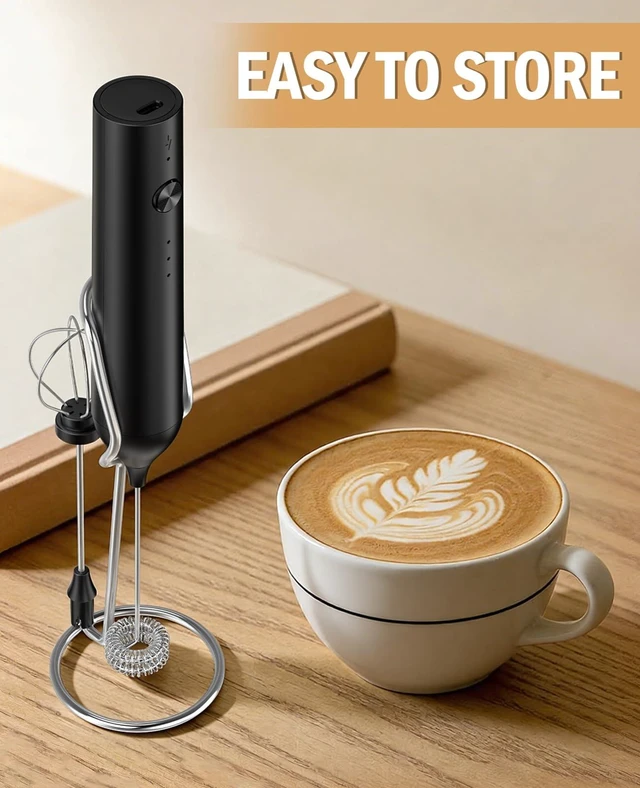Alt view image 5 of 7 - Rechargeable Milk Frother Handheld, hand mixer, Coffee Frother Handheld | Electric Frother Whisk with 3 Speeds, Portable Hand Drink Mixer with 2 Heads for Coffee, Lattes, Cappuccino, Eggs (Black)