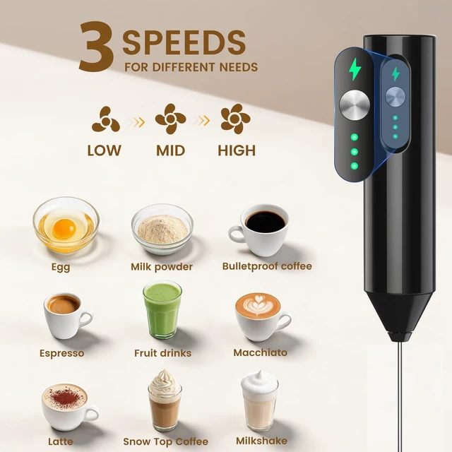 Alt view image 2 of 6 - Rechargeable Handheld Milk Frother 3-Speed, 3-Whisk, Storage Box | Electric Drink Mixer, Detachable Heads, 1500mAh,for Latte, Cappuccino, Matcha, Hot Chocolate, Protein Shakes, Eggs, Barista
