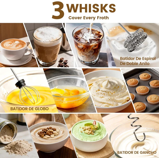Alt view image 3 of 6 - Rechargeable Handheld Milk Frother 3-Speed, 3-Whisk, Storage Box | Electric Drink Mixer, Detachable Heads, 1500mAh,for Latte, Cappuccino, Matcha, Hot Chocolate, Protein Shakes, Eggs, Barista