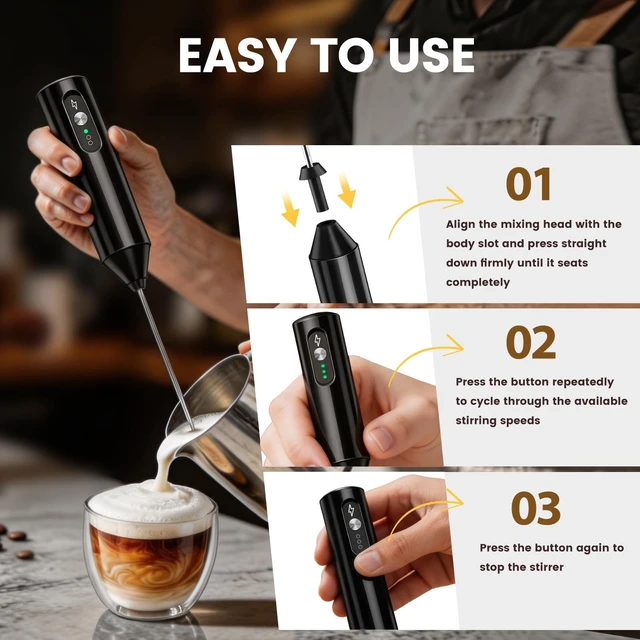 Alt view image 5 of 6 - Rechargeable Handheld Milk Frother 3-Speed, 3-Whisk, Storage Box | Electric Drink Mixer, Detachable Heads, 1500mAh,for Latte, Cappuccino, Matcha, Hot Chocolate, Protein Shakes, Eggs, Barista