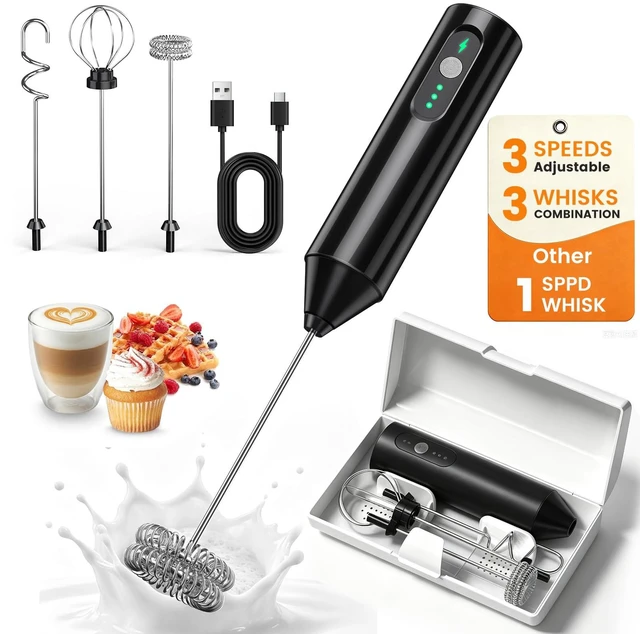 Main image of Rechargeable Handheld Milk Frother 3-Speed, 3-Whisk, Storage Box | Electric Drink Mixer, Detachable Heads, 1500mAh,for Latte, Cappuccino, Matcha, Hot Chocolate, Protein Shakes, Eggs, Barista