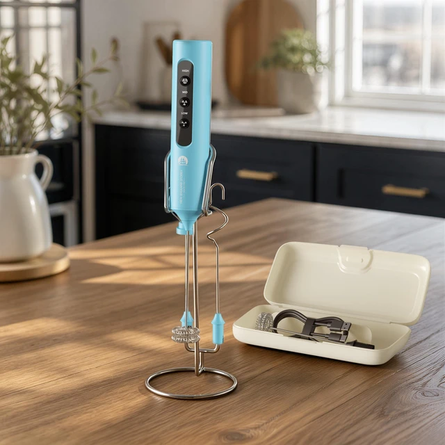 Main image of Rechargeable Milk Frother with Stand, 4 Interchangeable Whisks & Travel Case Handheld Mixer for Lattes, Matcha, Hot Chocolate, Eggs & Protein Shakes