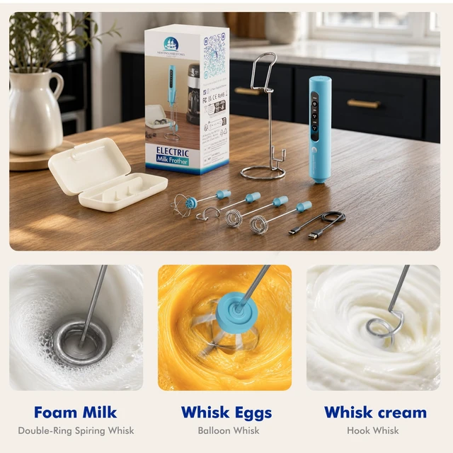 Alt view image 4 of 7 - Rechargeable Milk Frother with Stand, 4 Interchangeable Whisks & Travel Case Handheld Mixer for Lattes, Matcha, Hot Chocolate, Eggs & Protein Shakes