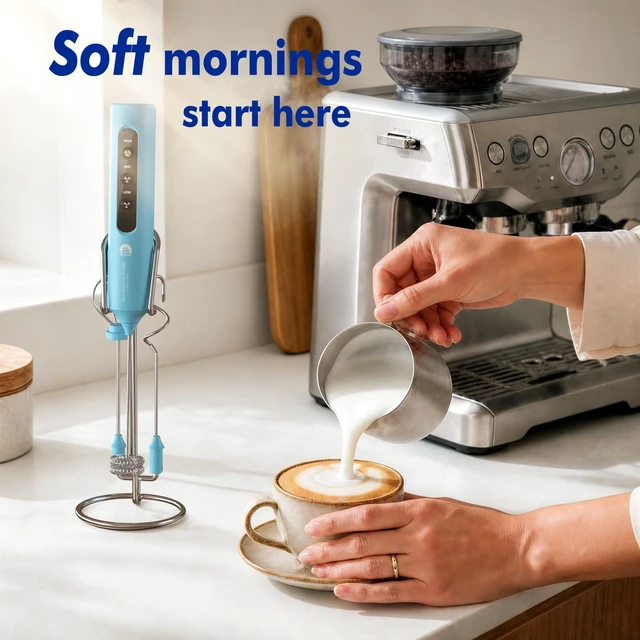 Alt view image 2 of 7 - Rechargeable Milk Frother with Stand, 4 Interchangeable Whisks & Travel Case Handheld Mixer for Lattes, Matcha, Hot Chocolate, Eggs & Protein Shakes