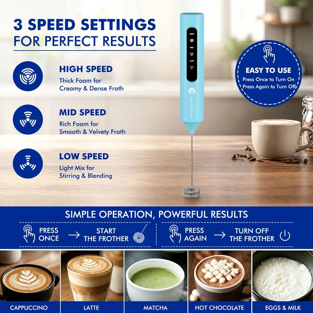 Alt view image 5 of 7 - Rechargeable Milk Frother with Stand, 4 Interchangeable Whisks & Travel Case Handheld Mixer for Lattes, Matcha, Hot Chocolate, Eggs & Protein Shakes