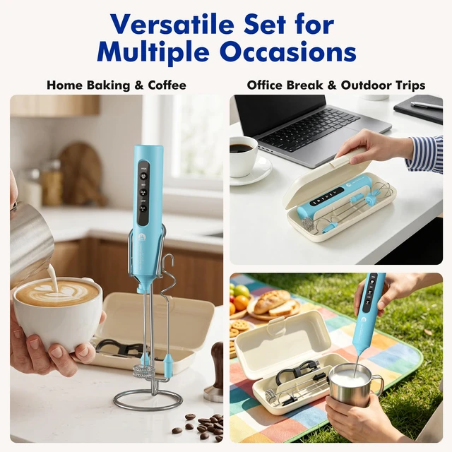 Alt view image 6 of 7 - Rechargeable Milk Frother with Stand, 4 Interchangeable Whisks & Travel Case Handheld Mixer for Lattes, Matcha, Hot Chocolate, Eggs & Protein Shakes