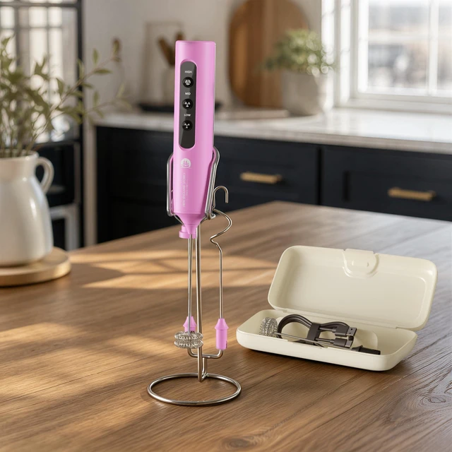 Main image of Rechargeable Milk Frother with Stand, 4 Interchangeable Whisks & Travel Case Handheld Mixer for Lattes, Matcha, Hot Chocolate, Eggs & Protein Shakes
