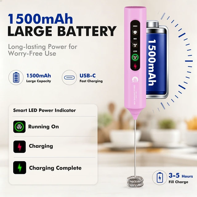 Alt view image 3 of 7 - Rechargeable Milk Frother with Stand, 4 Interchangeable Whisks & Travel Case Handheld Mixer for Lattes, Matcha, Hot Chocolate, Eggs & Protein Shakes