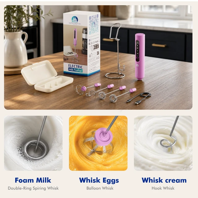 Alt view image 4 of 7 - Rechargeable Milk Frother with Stand, 4 Interchangeable Whisks & Travel Case Handheld Mixer for Lattes, Matcha, Hot Chocolate, Eggs & Protein Shakes