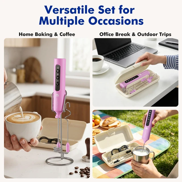 Alt view image 6 of 7 - Rechargeable Milk Frother with Stand, 4 Interchangeable Whisks & Travel Case Handheld Mixer for Lattes, Matcha, Hot Chocolate, Eggs & Protein Shakes