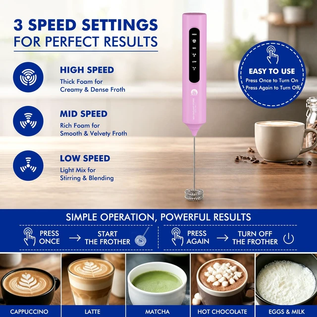 Alt view image 5 of 7 - Rechargeable Milk Frother with Stand, 4 Interchangeable Whisks & Travel Case Handheld Mixer for Lattes, Matcha, Hot Chocolate, Eggs & Protein Shakes