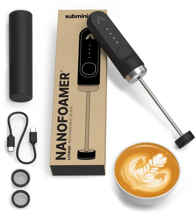 Main image of NanoFoamer Milk Foamer - Rechargeable Handheld Foamer - Black | Waterproof foamer with rechargeable lithium battery, microfoamed milk in 30 seconds, barista-style coffee drinks at home