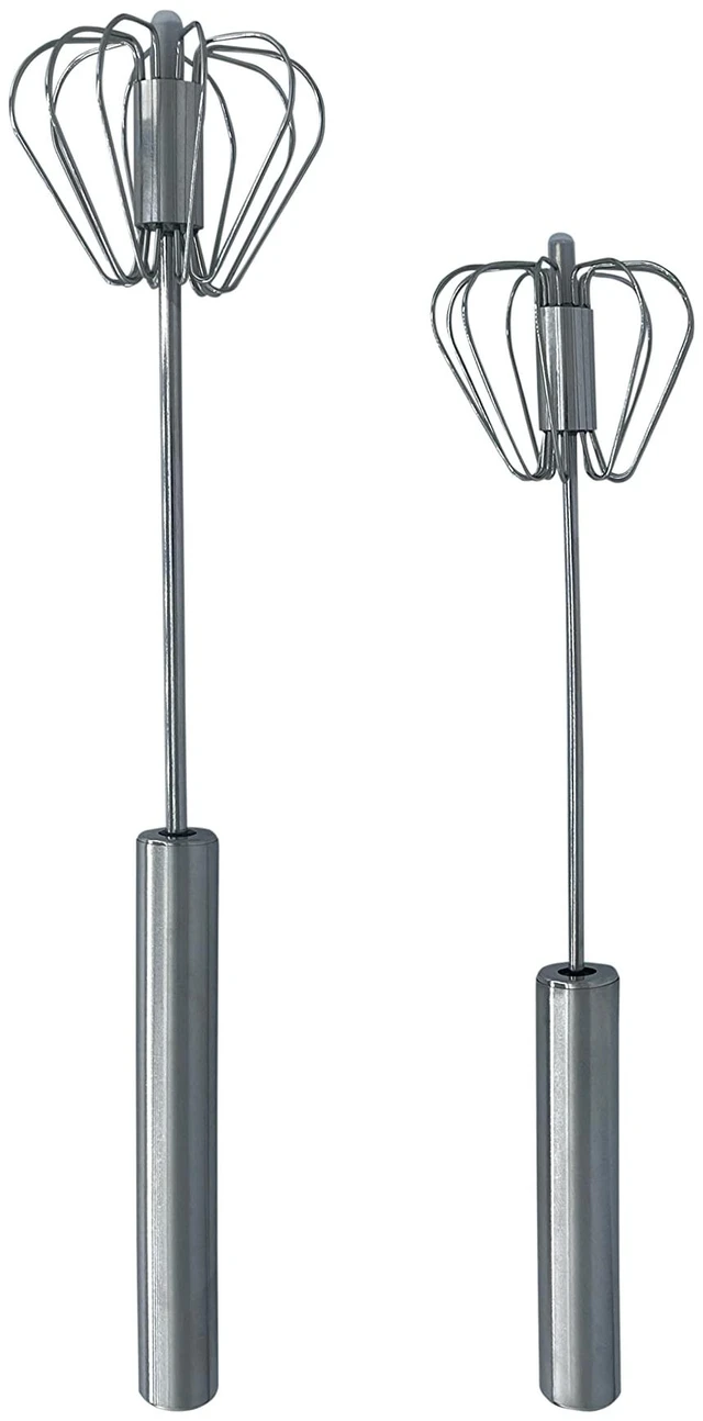 Main image of Stainless Steel Push Whisk - Easy to Use Manual Hand Mixer & Plunger Whisk - Make Froth, Foam & Whipped Cream - Semi Auto Egg Beater Plastic Tip Wont Scratch Pans (2 Pack 10in & 12in) STEEL