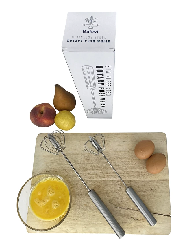 Alt view image 2 of 4 - Stainless Steel Push Whisk - Easy to Use Manual Hand Mixer & Plunger Whisk - Make Froth, Foam & Whipped Cream - Semi Auto Egg Beater Plastic Tip Wont Scratch Pans (2 Pack 10in & 12in) STEEL