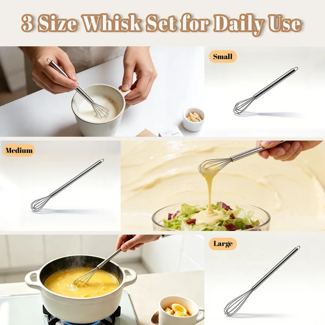 Alt view image 4 of 7 - Whisks for Cooking, 3 Pack Mini Whisk for Whisking, 7"+9"+11" Tiny Stainless Steel Wire Whisk Set for Baking, Blending Eggs & Sauces, Heavy Duty Rust Proof