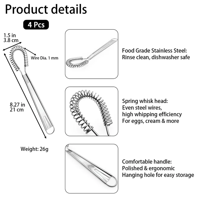 Alt view image 2 of 7 - 4Pcs Stainless Steel Egg Beater, 8 inches Mini Egg Whisk | Spring Coil Whisk, Handheld Milk Frother Foamer, Sauce Stirrer Blender, Coffee Mixer