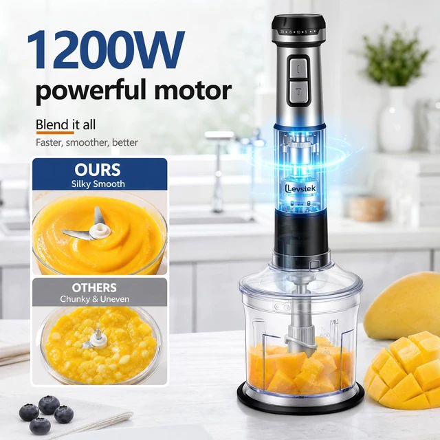 Alt view image 5 of 7 - Immersion Hand Blender Set, 1200W 20-Speed Stainless Steel Stick Blender with 7 Accessories, 500ml & 200ml Chopper Cups, Milk Frother, Egg Beater, for Smoothies, Soups Kitchen Essential