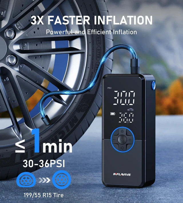 Alt view image 2 of 7 - Tire Portable Air Compressor,3X Faster Inflation Cordless Tire Air Pump with Digital Gauge,Auto Shut-Off,LED Light,Electric Air Pump for Car Tires,SUV, Motorcycle, Bike