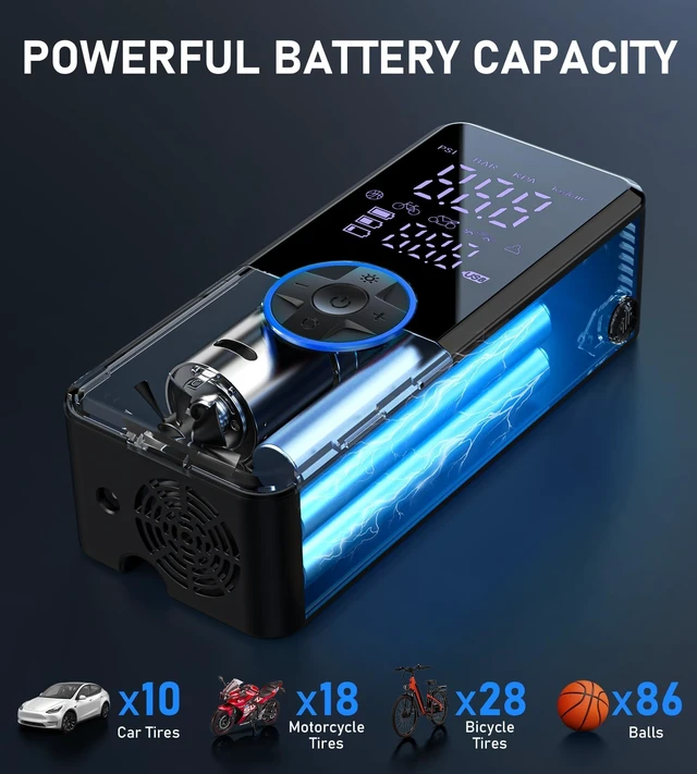 Alt view image 5 of 7 - Tire Portable Air Compressor,3X Faster Inflation Cordless Tire Air Pump with Digital Gauge,Auto Shut-Off,LED Light,Electric Air Pump for Car Tires,SUV, Motorcycle, Bike