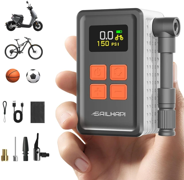 Main image of Mini Bike Tire Pump, 150PSI Fast Inflation with Guage | Presta and Schrader Valve Portable Electric Air Pump for Road and Mountain Bicycle, E-Bike, Motorcycle, Sports Ball