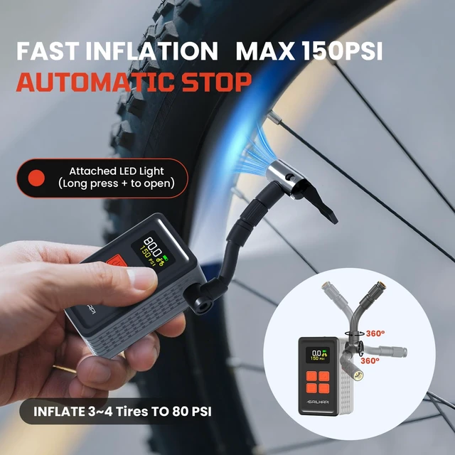 Alt view image 2 of 7 - Mini Bike Tire Pump, 150PSI Fast Inflation with Guage | Presta and Schrader Valve Portable Electric Air Pump for Road and Mountain Bicycle, E-Bike, Motorcycle, Sports Ball
