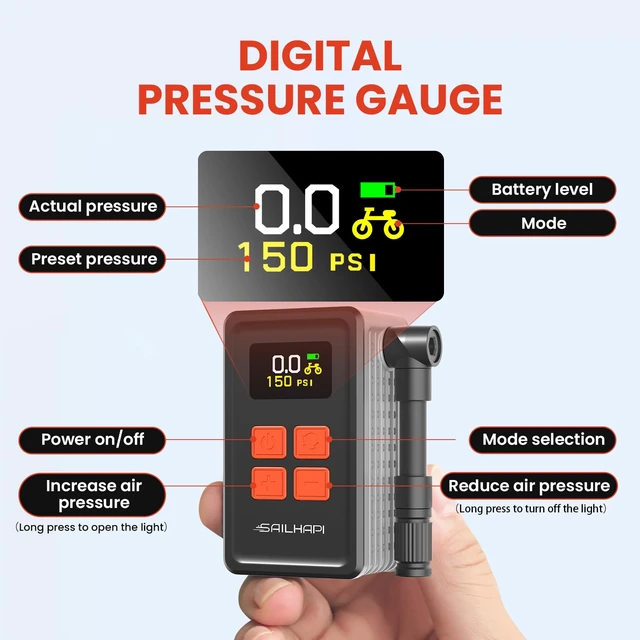 Alt view image 5 of 7 - Mini Bike Tire Pump, 150PSI Fast Inflation with Guage | Presta and Schrader Valve Portable Electric Air Pump for Road and Mountain Bicycle, E-Bike, Motorcycle, Sports Ball