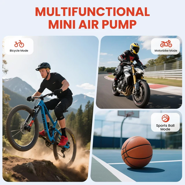 Alt view image 7 of 7 - Mini Bike Tire Pump, 150PSI Fast Inflation with Guage | Presta and Schrader Valve Portable Electric Air Pump for Road and Mountain Bicycle, E-Bike, Motorcycle, Sports Ball