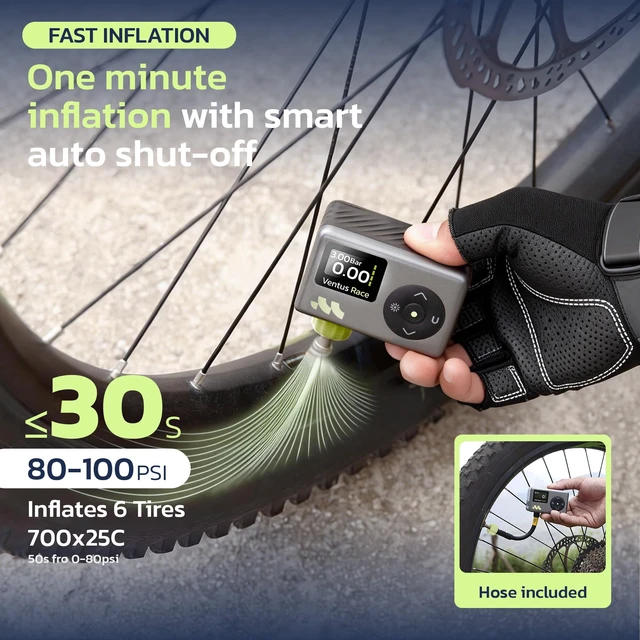 Alt view image 2 of 7 - Mini Bike Pump, 25s Fast, Presta Schrader, Road & MTB, 120 PSI | Digital Gauge, Bike Pump with Auto Stop, Bike Tire Inflator with Schrader/Presta/Dunlop Valve, Road Bikes, City Bikes And MTB