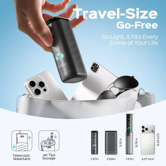 Alt view image 5 of 7 - T50 Portable Travel Water Dental Flosser with Screen Display, Black | Travel Cordless Pick with Pressure Indicator, 9-Level for Braces, Gum Care, Rechargeable Travel Size On-the-Go, 240ml, IPX7