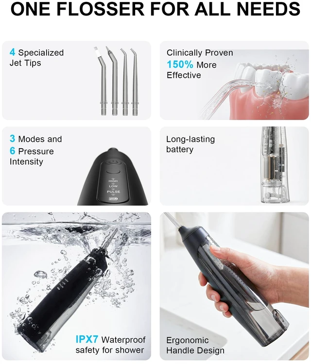 Alt view image 2 of 7 - Cordless Water Flosser - 6 Pressure Settings with 3 Modes, 220ml Compact Ergonomic Design, 30 Days Long Battery, IPX7 Waterproof Portable Oral Irrigator for Teeth, Gums & Braces (Black)
