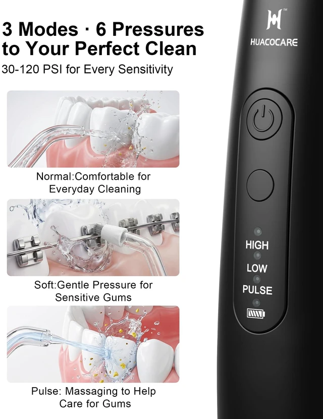 Alt view image 4 of 7 - Cordless Water Flosser - 6 Pressure Settings with 3 Modes, 220ml Compact Ergonomic Design, 30 Days Long Battery, IPX7 Waterproof Portable Oral Irrigator for Teeth, Gums & Braces (Black)