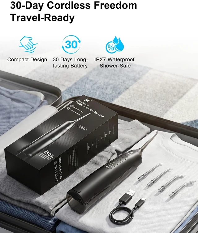 Alt view image 5 of 7 - Cordless Water Flosser - 6 Pressure Settings with 3 Modes, 220ml Compact Ergonomic Design, 30 Days Long Battery, IPX7 Waterproof Portable Oral Irrigator for Teeth, Gums & Braces (Black)