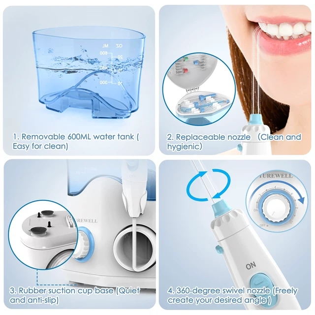 Alt view image 5 of 7 - FC162 Water Dental Flosser for Teeth/Braces | 10 Pressure Levels, 8 Water Jet Tips for Family, 600ML Electric Water Dental Oral Irrigator for Teeth-Clean (White)