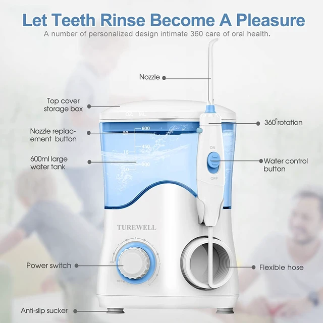 Alt view image 7 of 7 - FC162 Water Dental Flosser for Teeth/Braces | 10 Pressure Levels, 8 Water Jet Tips for Family, 600ML Electric Water Dental Oral Irrigator for Teeth-Clean (White)