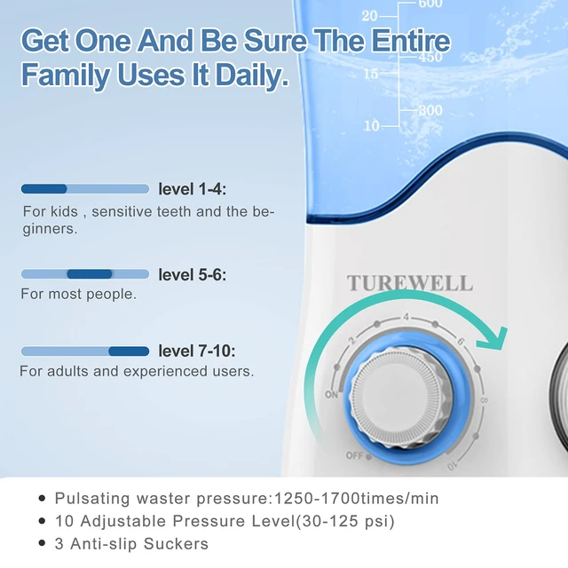 Alt view image 6 of 7 - FC162 Water Dental Flosser for Teeth/Braces | 10 Pressure Levels, 8 Water Jet Tips for Family, 600ML Electric Water Dental Oral Irrigator for Teeth-Clean (White)