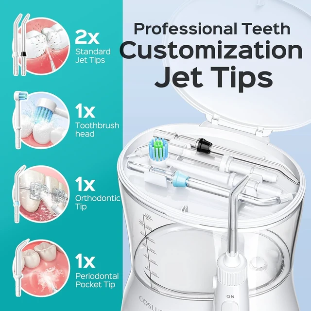 Alt view image 6 of 7 - E1 Electric Water Dental Pick Flosser, 12 Pressure Settings, White | Professional Water Dental flosser for Braces, Orthodontic Care, Sensitive Gums, 5 Multi-Functional Tips for Family Use