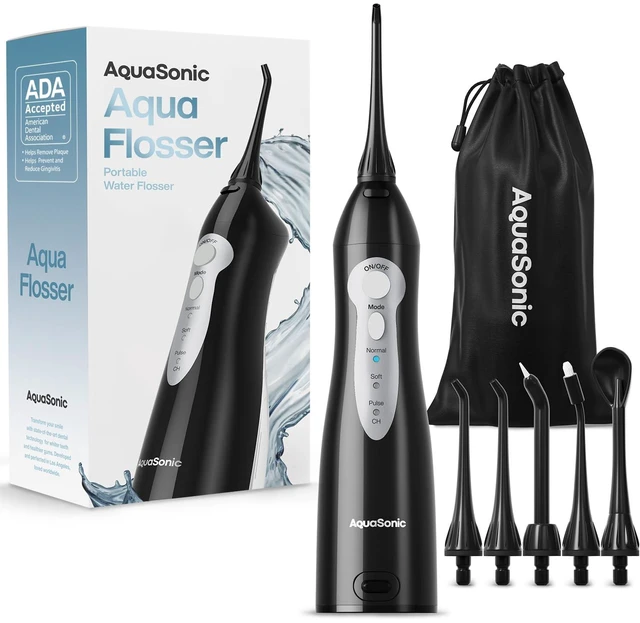 Main image of Aqua Flosser Water Flosser, ADA Accepted, Black | Clinically Studied, Cordless, 5 Jet Tips, 3 Modes, 360° Rotating Tips, Waterproof, Rechargeable, Travel Bag, Braces Care
