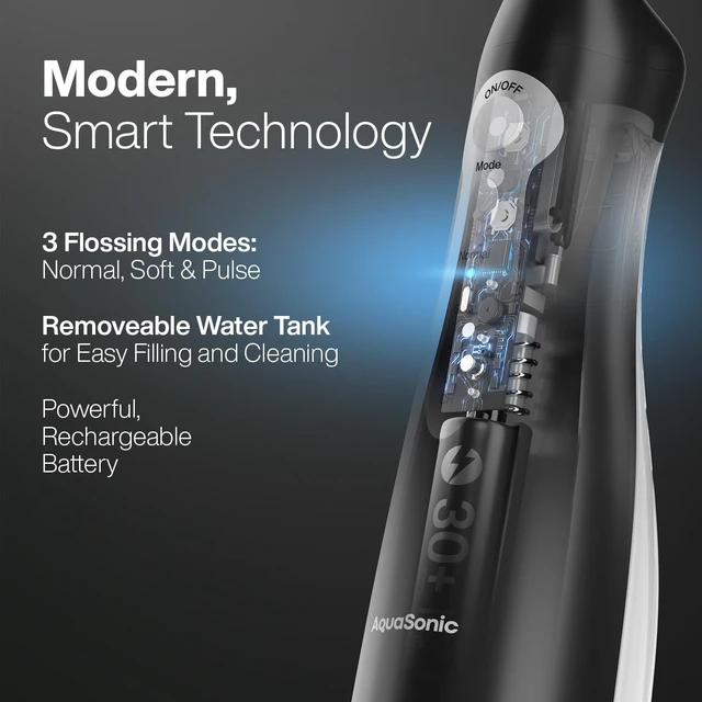 Alt view image 4 of 7 - Aqua Flosser Water Flosser, ADA Accepted, Black | Clinically Studied, Cordless, 5 Jet Tips, 3 Modes, 360° Rotating Tips, Waterproof, Rechargeable, Travel Bag, Braces Care