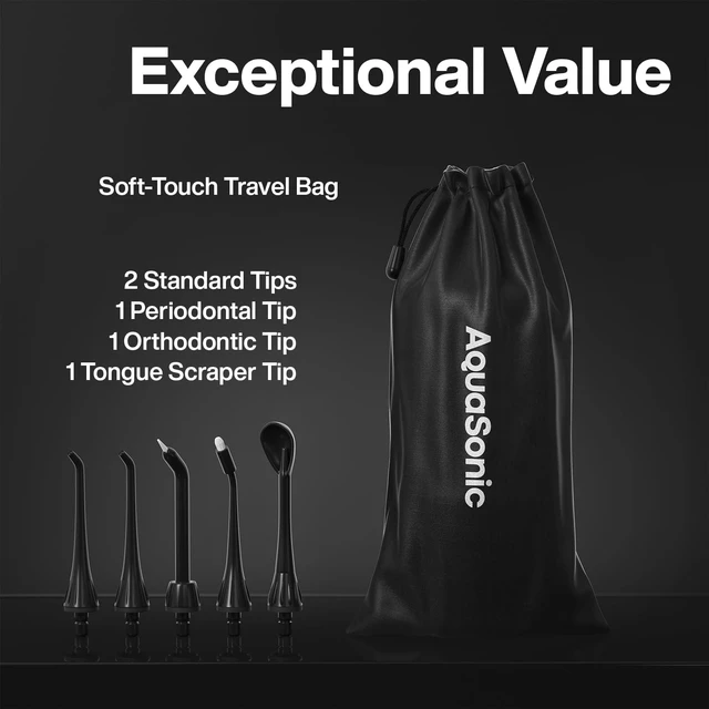 Alt view image 5 of 7 - Aqua Flosser Water Flosser, ADA Accepted, Black | Clinically Studied, Cordless, 5 Jet Tips, 3 Modes, 360° Rotating Tips, Waterproof, Rechargeable, Travel Bag, Braces Care