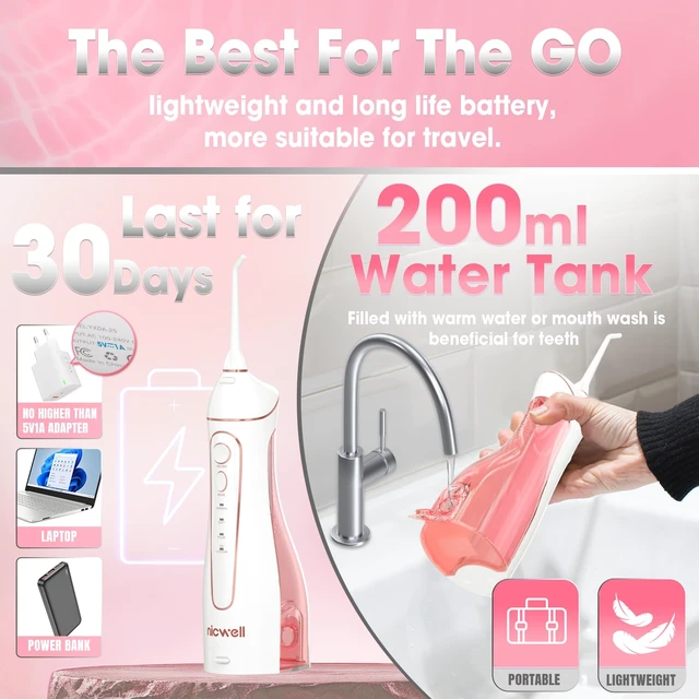 Alt view image 6 of 7 - Water Dental Flosser Cordless for Teeth - 4 Modes Dental Oral Irrigator, Portable and Rechargeable IPX7 Waterproof Powerful Battery Life Water Teeth Cleaner Picks for Home Travel