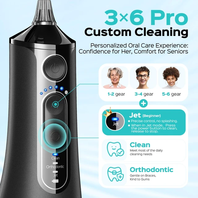 Alt view image 7 of 7 - ADA Accepted C51 Water Dental Flosser, 3 Modes 6 Pressure Black | Water Teeth Pick for Orthodontic, Braces, Sensitive Gums, Multiple Users, Compact for Travel Built-in Nozzle Storage