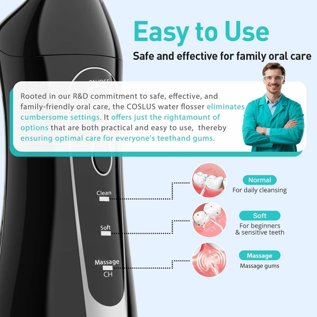 Alt view image 4 of 7 - ADA Accepted C20 Water Dental Flosser Pick, Professional Set Black | 300ML Larger Tank, Portable Rechargeable Dental Oral Irrigator for Orthodontic & Sensitive Gums, Cordless for Travel, Family