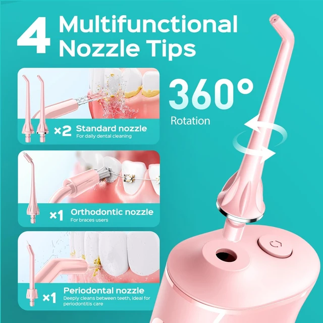 Alt view image 7 of 7 - ADA Accepted C50 Water Dental Flosser, 4 Modes 5 Power Levels, Pink | Professional Water Teeth Pick for Braces, Orthodontics & Sensitive Gums, Compact Cordless for Family Home Travel