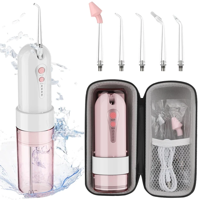 Main image of Water Dental Flosser for Teeth Cleaning and Flossing with Travel Size Case Rechargeable Oral Irrigator, Portable Water Flosser for Adults, IPX7 Waterproof, 5 Jet Tips & 4 Modes, Pink