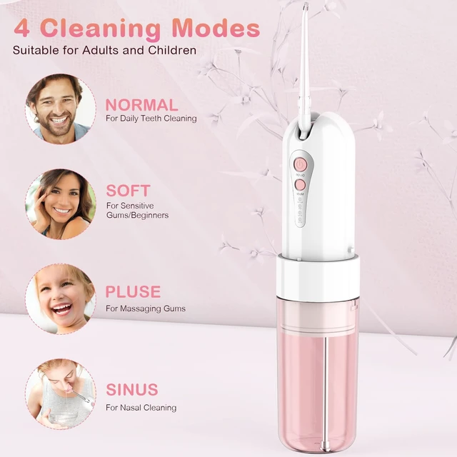 Alt view image 4 of 7 - Water Dental Flosser for Teeth Cleaning and Flossing with Travel Size Case Rechargeable Oral Irrigator, Portable Water Flosser for Adults, IPX7 Waterproof, 5 Jet Tips & 4 Modes, Pink