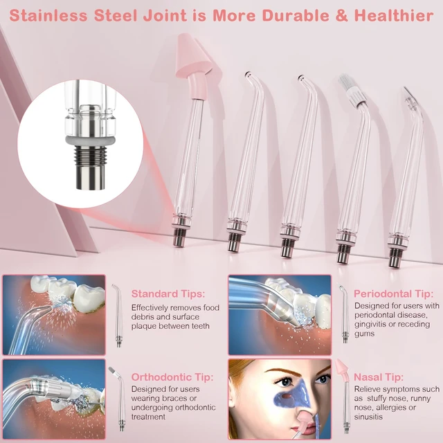 Alt view image 5 of 7 - Water Dental Flosser for Teeth Cleaning and Flossing with Travel Size Case Rechargeable Oral Irrigator, Portable Water Flosser for Adults, IPX7 Waterproof, 5 Jet Tips & 4 Modes, Pink