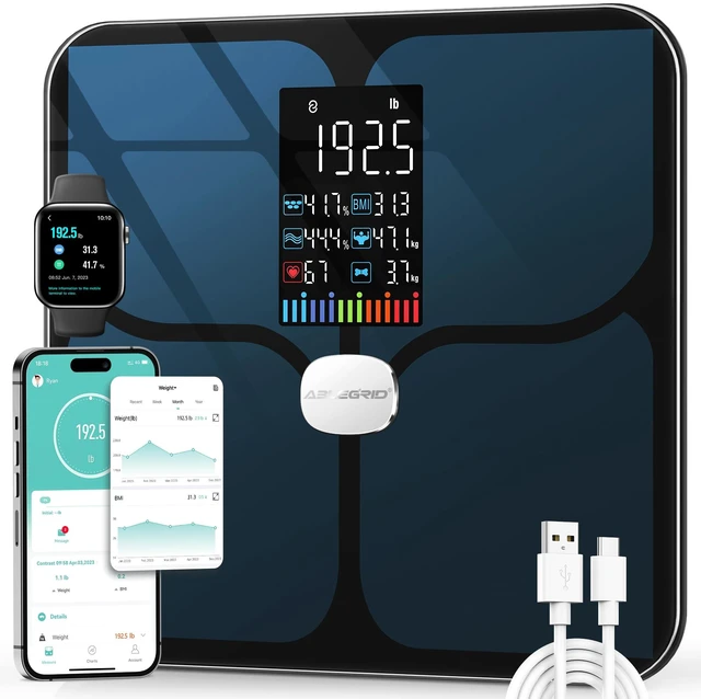 Main image of Smart Bathroom Scale for Body Weight and Fat, Rechargeable | Digital Body Composition Scale, 22 Metrics Body Fat, BMI, Muscle Mass, Heart Rate, Baby Mode, 400 lb, FSA Eligible HSA, Black
