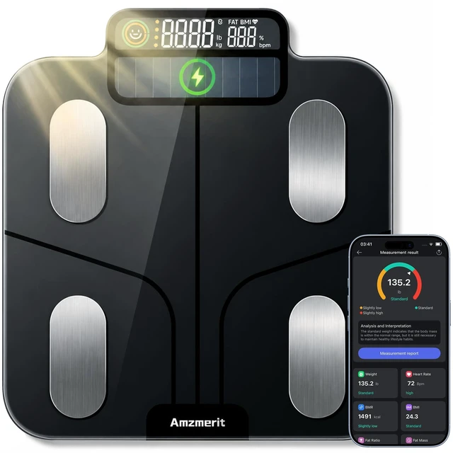Main image of Solar Powered Smart Scale for Body Weight, No Disposable Batteries Required | Bluetooth Digital Bathroom Scale, No Charging Cable, Body Fat/BMI/Heart Rate, 0.05-0.5kg Precision, 25 Metrics via App